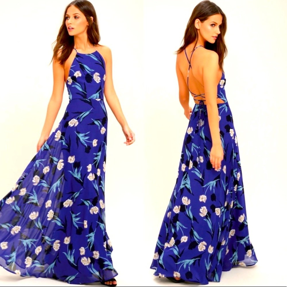 Lulu's All I Need Royal Blue Floral Print Lace-Up Maxi Dress
